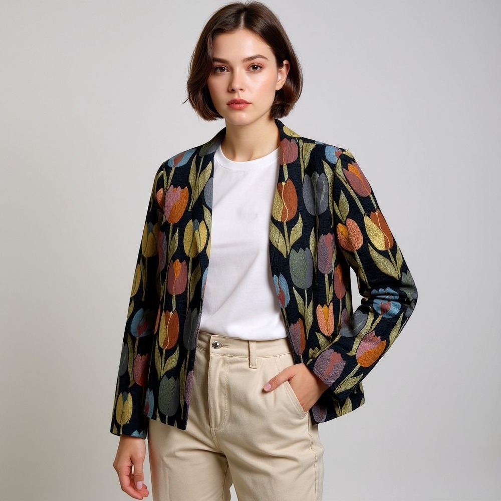 Handmade‎ Tapestry Jacket Tulip Floral Boho Artsy Grandmacore Statement Women M